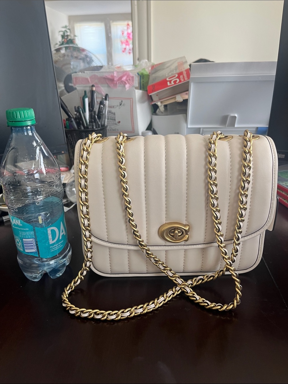 Coach Madison Quilted Cream Shoulder Bag with Gold Chain